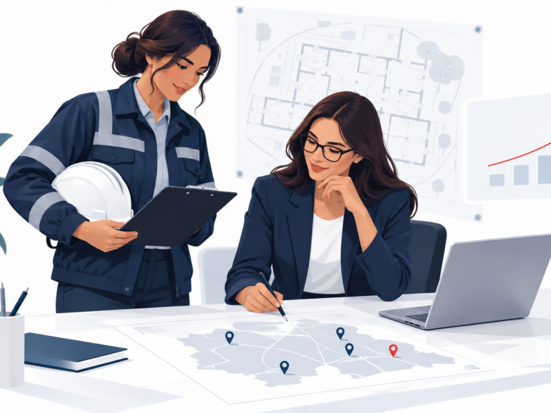 Ilustração editorial de dois profissionais planejando o investimento em marketing para serviços de medicina e segurança do trabalho, com prioridades de atendimento e contratos empresariais.
