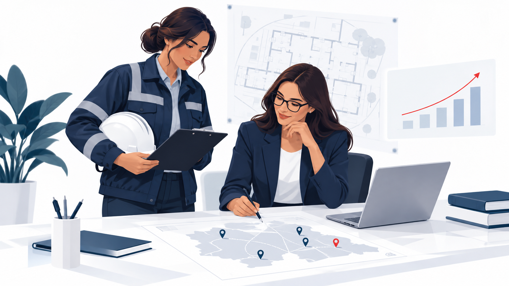 Ilustração editorial de dois profissionais planejando o investimento em marketing para serviços de medicina e segurança do trabalho, com prioridades de atendimento e contratos empresariais.