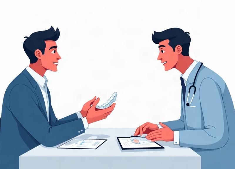 Ilustração editorial de um ortodontista e uma paciente organizando uma estratégia de marketing para alinhadores invisíveis.
