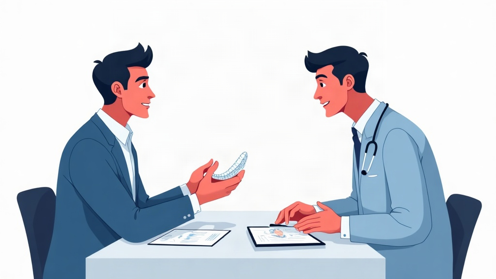 Ilustração editorial de um ortodontista e uma paciente organizando uma estratégia de marketing para alinhadores invisíveis.