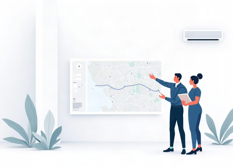 Ilustração editorial de uma empresa de ar-condicionado organizando serviços, regiões e presença local no Google.