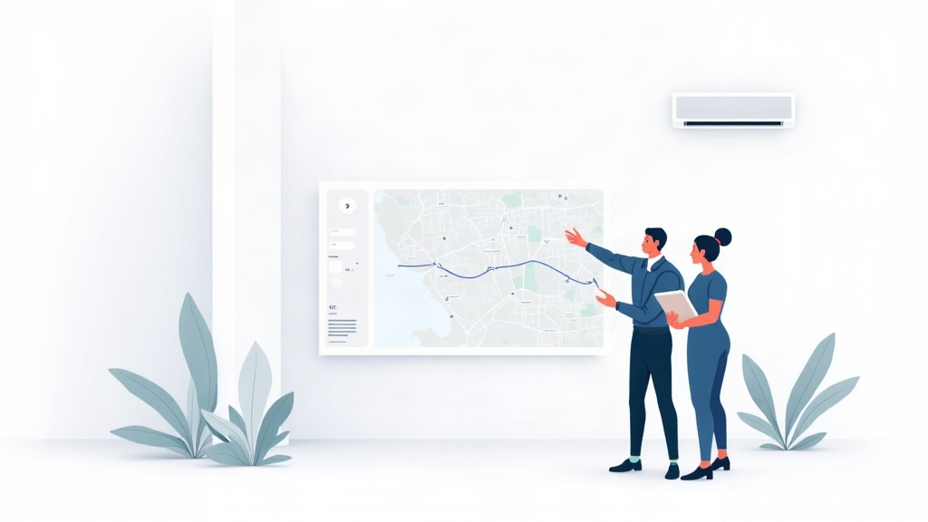 Ilustração editorial de uma empresa de ar-condicionado organizando serviços, regiões e presença local no Google.