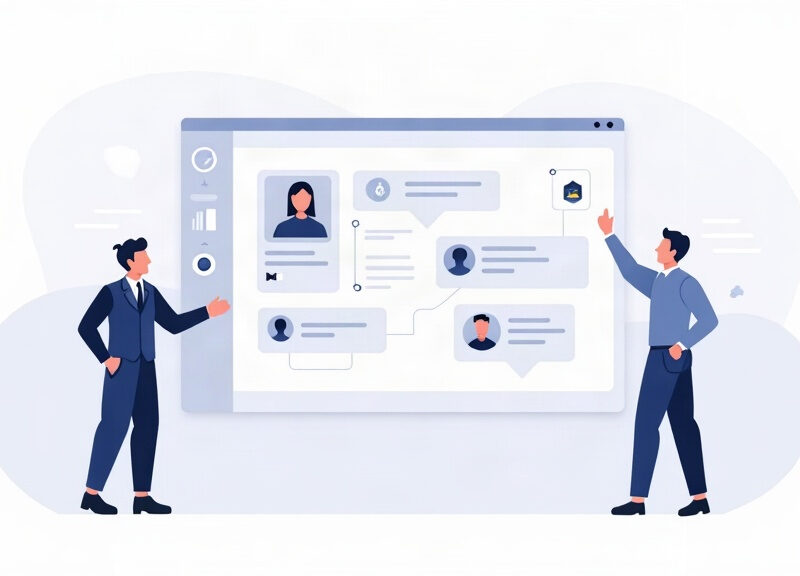 Ilustração editorial de uma equipe revisando informações de clientes e etapas de vendas organizadas em um CRM, com elementos em azul-marinho e um detalhe vermelho discreto sobre fundo claro.