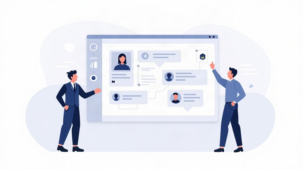 Ilustração editorial de uma equipe revisando informações de clientes e etapas de vendas organizadas em um CRM, com elementos em azul-marinho e um detalhe vermelho discreto sobre fundo claro.