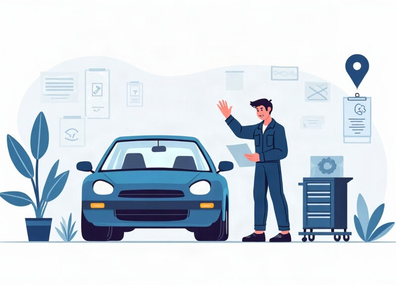 Ilustração editorial de uma oficina mecânica organizando serviços, bairros e presença local no Google.