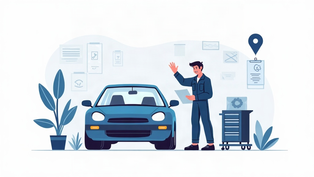 Ilustração editorial de uma oficina mecânica organizando serviços, bairros e presença local no Google.