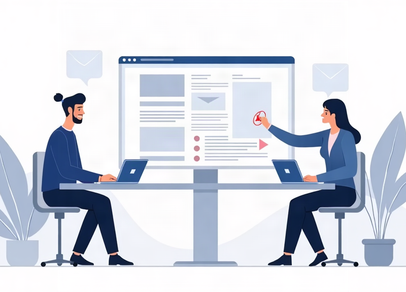 Ilustração editorial de uma equipe planejando uma landing page com apoio de inteligência artificial.