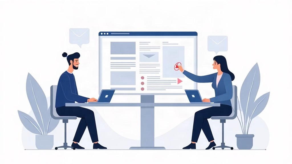 Ilustração editorial de uma equipe planejando uma landing page com apoio de inteligência artificial.
