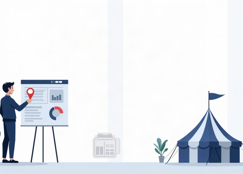 Ilustração editorial de uma empresa de locação organizando anúncios de tendas por cidade, tipo de evento e data.