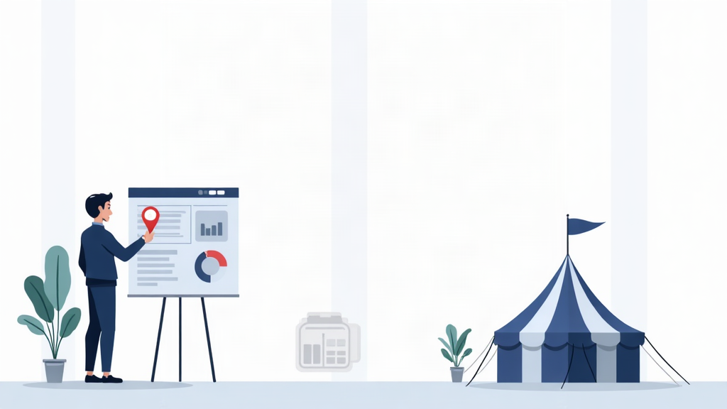 Ilustração editorial de uma empresa de locação organizando anúncios de tendas por cidade, tipo de evento e data.