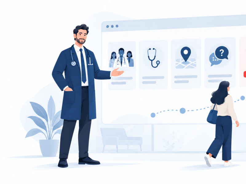 Ilustração editorial de um site para médicos organizando páginas de equipe, especialidade, localização, dúvidas e agendamento.