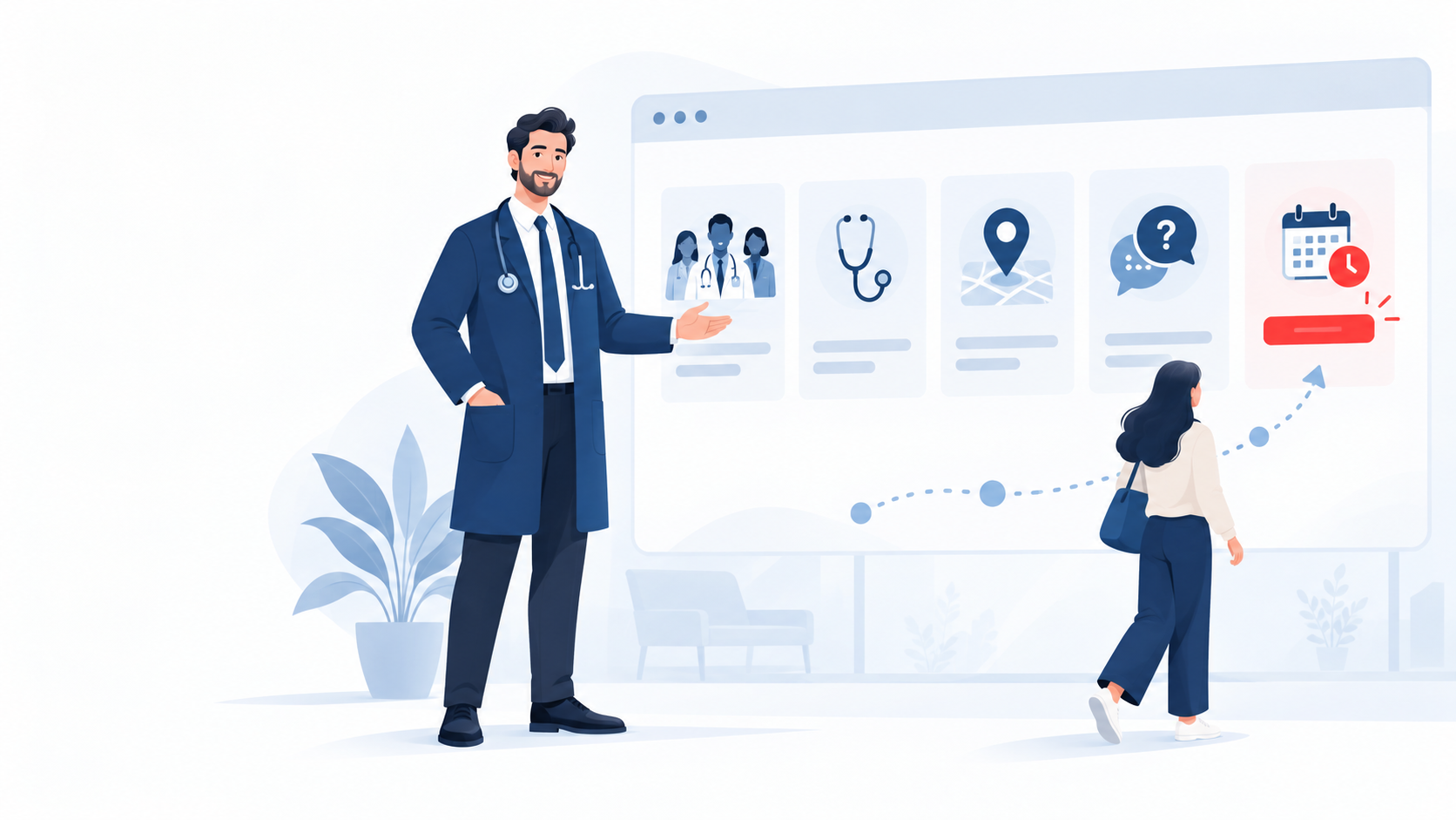 Ilustração editorial de um site para médicos organizando páginas de equipe, especialidade, localização, dúvidas e agendamento.