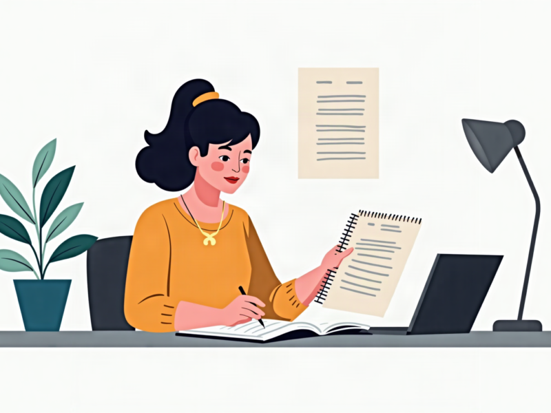 Empresária revisa uma avaliação online e um rascunho de resposta em um notebook, com balões de diálogo sutis ao lado, em ilustração editorial azul e branca.