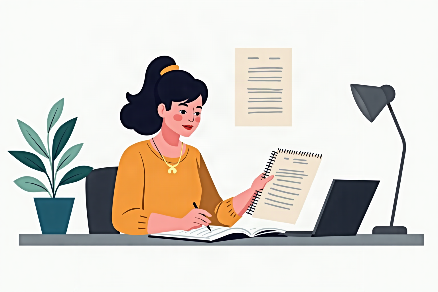 Empresária revisa uma avaliação online e um rascunho de resposta em um notebook, com balões de diálogo sutis ao lado, em ilustração editorial azul e branca.