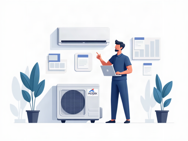 Ilustração editorial de uma empresa de climatização organizando campanhas de instalação de ar-condicionado no Google Ads.