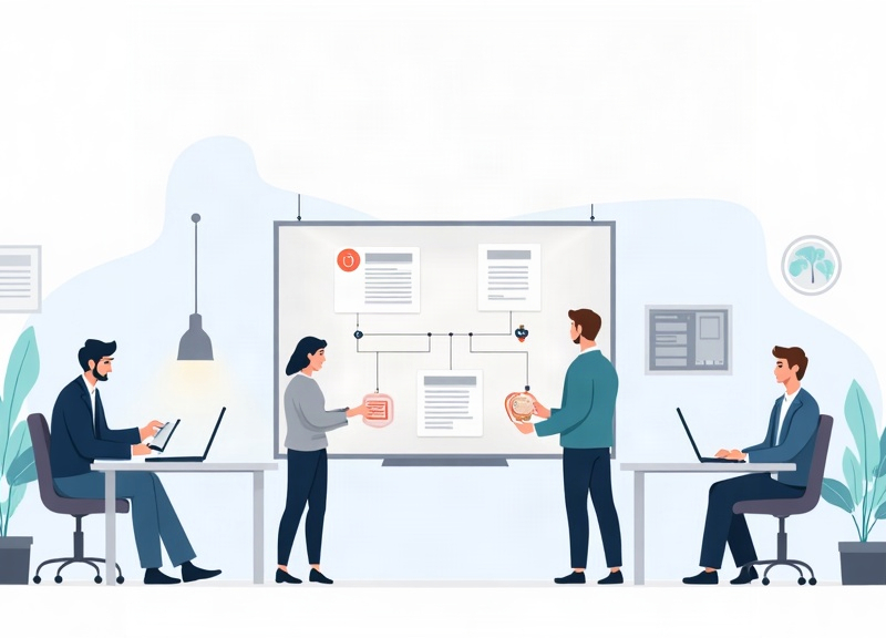 Empresária analisando um fluxo de automação com IA enquanto uma pessoa da equipe revisa as etapas em uma mesa de trabalho.