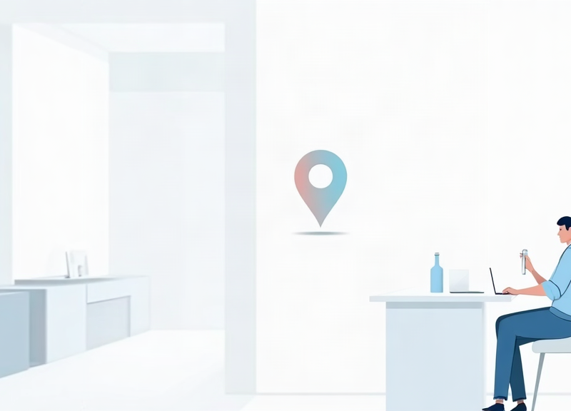 Ilustração editorial de uma médica organizando informações de localização, serviços e avaliações em um perfil do Google.