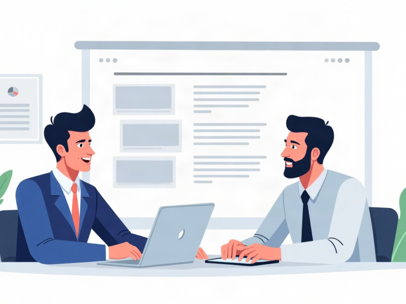 Ilustração de uma equipe de contabilidade organizando em um laptop as páginas de serviços, segmentos, cidade e contato de um site.