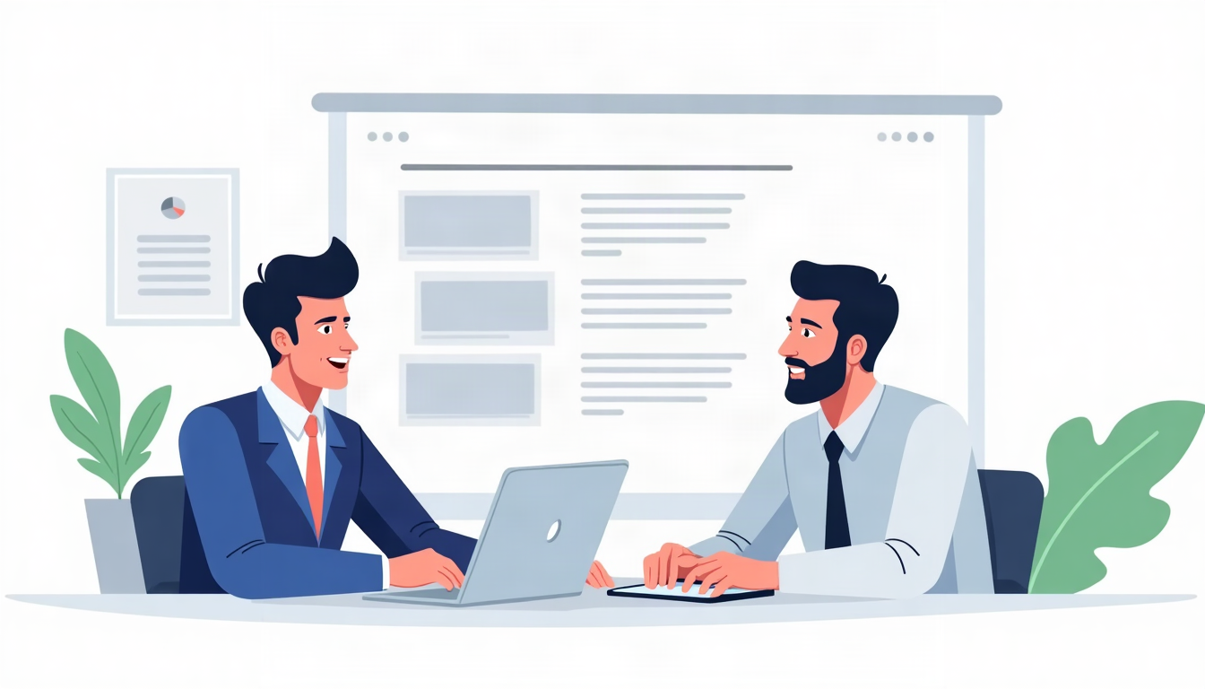 Ilustração de uma equipe de contabilidade organizando em um laptop as páginas de serviços, segmentos, cidade e contato de um site.