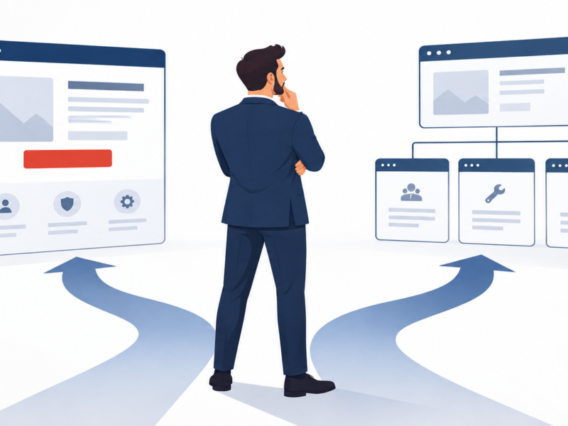 Empresário comparando a estrutura de um site completo e de uma landing page para divulgar serviços.