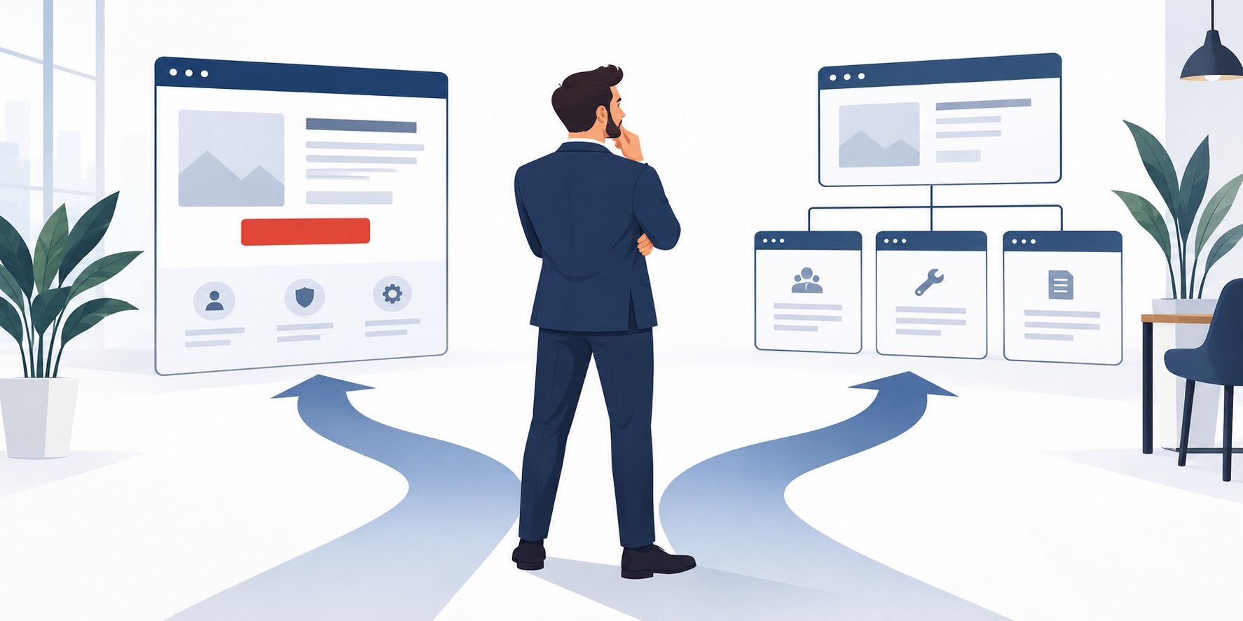 Empresário comparando a estrutura de um site completo e de uma landing page para divulgar serviços.