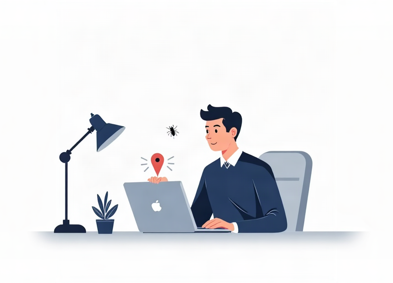 Ilustração editorial de uma dedetizadora organizando buscas, anúncios e presença local para serviços de descupinização.