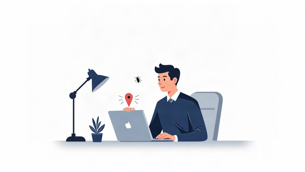 Ilustração editorial de uma dedetizadora organizando buscas, anúncios e presença local para serviços de descupinização.